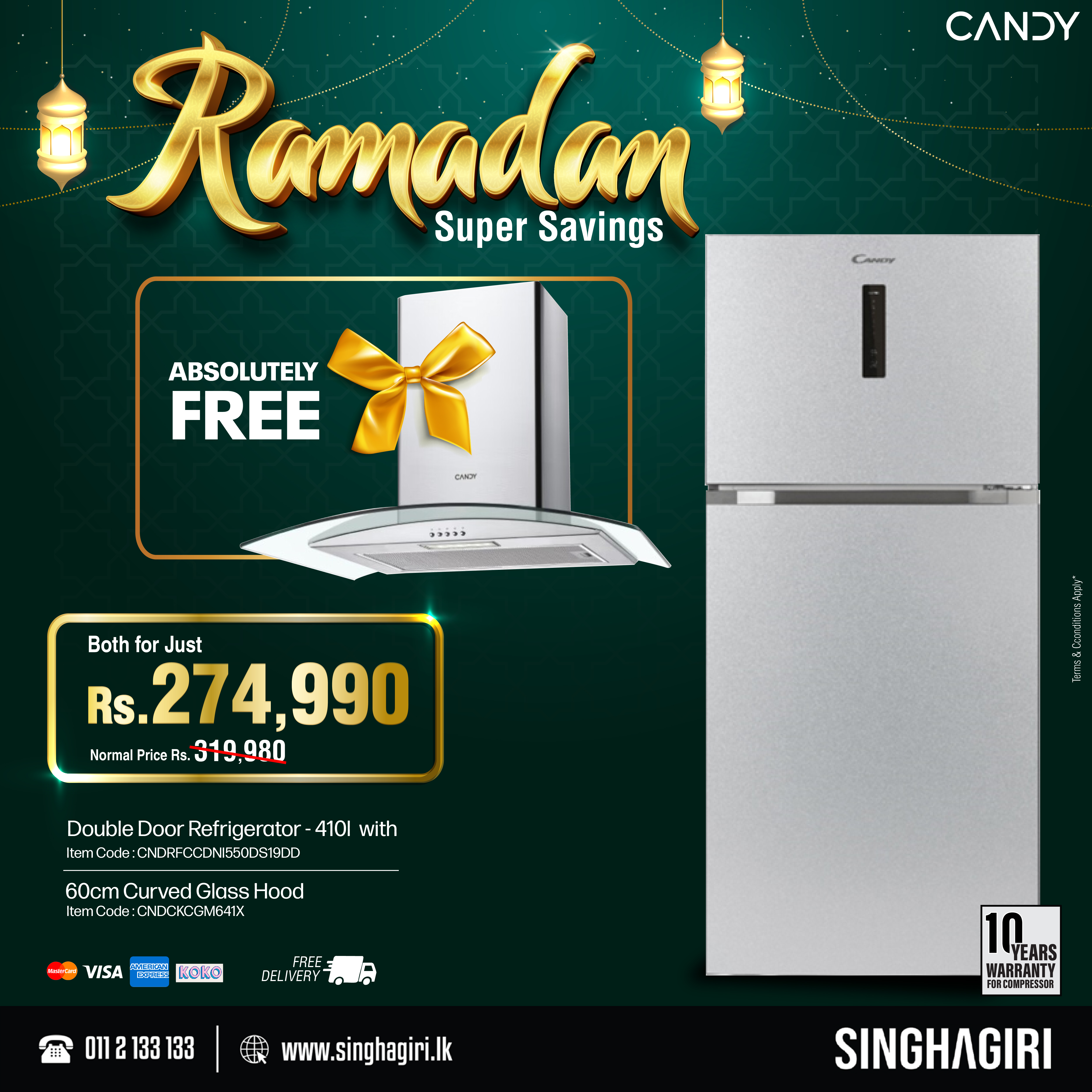 Candy double door refrigerator -410L + Candy 60cm Curved Glass Hood – Stainless Steel + Tempered Glass